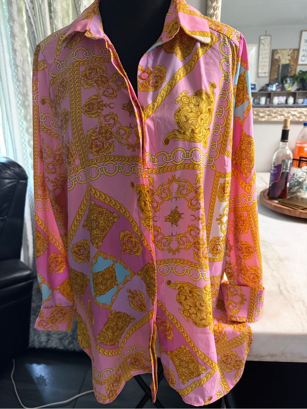 Fashion Nova Pink Shirt with Gold Baroque Chain Print!
